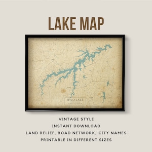 Mapa de estilo vintage de Hyco Lake, Carolina del Norte, EE. UU. con nombres de ciudades - Descarga instantánea \ Mapa del lago \ Arte de la pared \ Cartel imprimible \ Decoración del lago