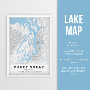Afdrukbare kaart van Puget Sound, Washington, VS - Instant Download \ Lake Map \ Map Poster \ Lake House Decor \ LakeLife \ Fishing \ Boating