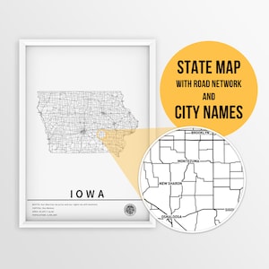 Carte imprimable de l'Iowa, États-Unis avec les noms des villes et des routes - téléchargement immédiat \ State Map \ Map Art \ Push Pin Map \ Travel Planner \ Iowa Poster