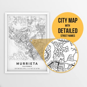Printable Map of Murrieta, California, USA with Street Names - Instant Download \ City Map \ Travel Gift \ City Poster \ Road Map Print
