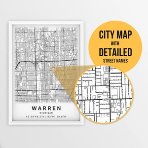 Printable Map of Warren, Michigan, USA with Street Names - Instant Download \ City Map \ Travel Gift \ City Poster \ Road Map Print