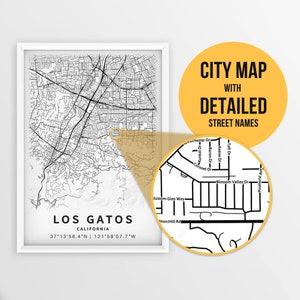 Mapa para impressão de Los Gatos, Califórnia, EUA com nomes de ruas - download instantâneo \ Mapa da cidade \ Presente de viagem \ Cartaz da cidade \ Impressão de mapa de estradas