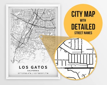 Druckbare Karte von Los Gatos, Kalifornien, USA mit Straßennamen - Sofort Download \ City Map \ Travel Gift \ City Poster \ Road Map Print