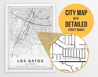 Mapa imprimible de Los Gatos, California, EE.UU. con nombres de calles - Descarga instantánea \ Mapa de la ciudad \ Regalo de viaje \ Cartel de la ciudad \ Impresión de hoja de ruta