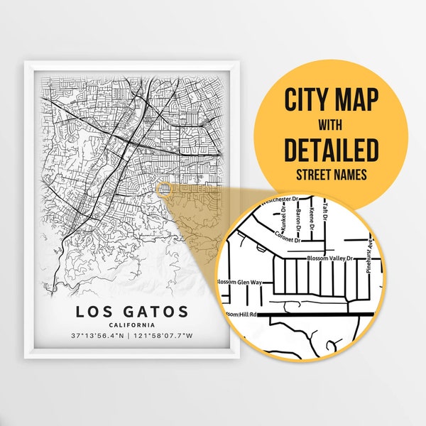 Afdrukbare kaart van Los Gatos, Californië, VS met straatnamen - Instant Download \ Stadsplattegrond \ Reiscadeau \ Stadsposter \ Routekaart afdrukken
