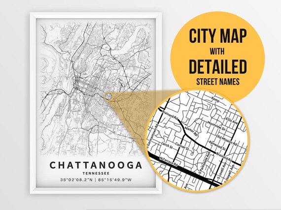 Printable Map of Chattanooga TN Tennessee United States With - Etsy