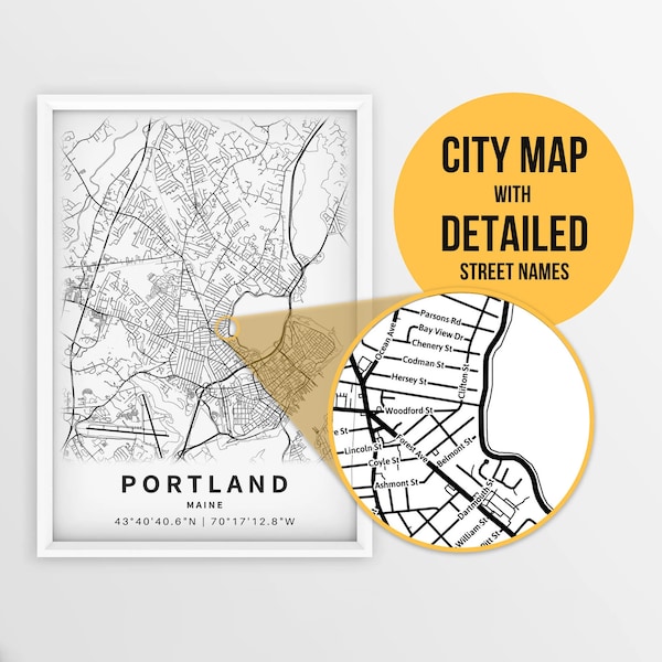 Printable Map Portland, Maine, USA with Street Names - Instant Download \ City Map \ Travel Gift \ City Poster \ Road Map Print