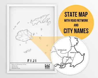 Printable Map of Fiji with city names and roads - Instant Download \ Country Map \ Wall Art \ Fiji Poster \ Push Pin Map \ Travel Planner