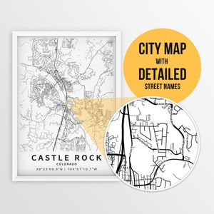Carte imprimable de Castle Rock, Colorado, États-Unis avec les noms de rue - téléchargement immédiat \ plan de la ville \ cadeau de voyage \ affiche de la ville \ impression de carte routière