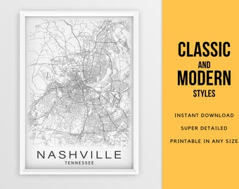 Printable Map of Nashville, Tennessee, United States  - Instant Download \ City Map \ Wall Art \ Map Poster