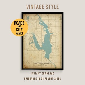 Castle Rock Lake Vintage Style Map, Printable Wisconsin Lake Poster (Instant Download)