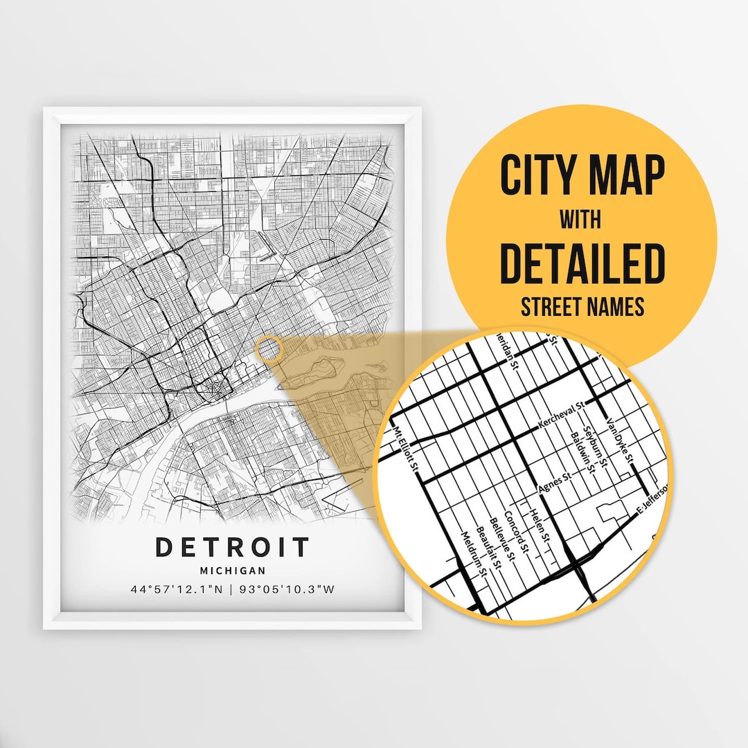 Printable Map of Detroit, Michigan, USA With Street Names Instant