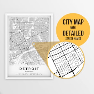 Mapa imprimible de Detroit, Michigan, EE. UU. con nombres de calles - Descarga instantánea \ Mapa de la ciudad \ Regalo de viaje \ Cartel de la ciudad \ Impresión de hoja de ruta