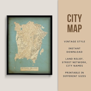 Vintage Stil Karte von Penang Island, Malaysia - Landkarte Landkarte Landkarte Landkarte Wandkunst Landkarte Poster ~ Vintage Karte ~ Landkarte George Town Landkarte