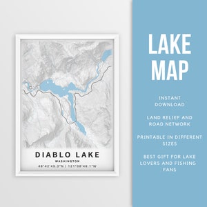 Druckbare Karte von Diablo Lake, Washington, USA - Sofort Download \ Lake Map \ Map Poster \ Lake House Decor \ LakeLife \ Angeln \ Bootfahren