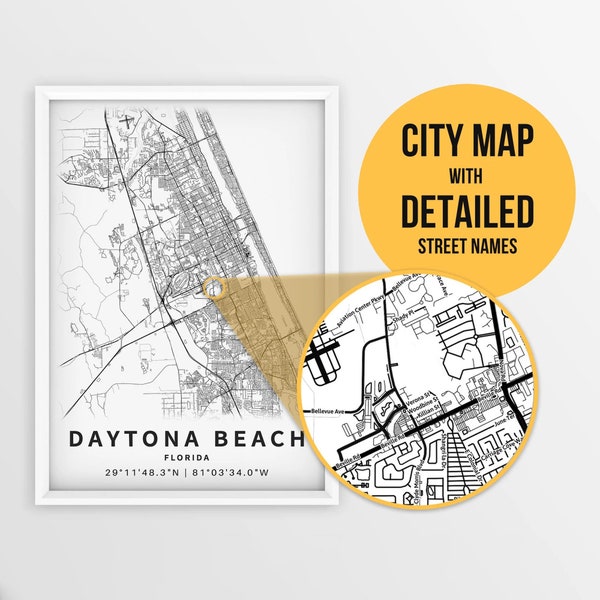 Printable Map of Daytona Beach, Florida, USA with Street Names - Instant Download \ City Map \ Travel Gift \ City Poster \ Road Map Print