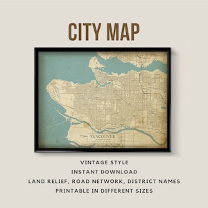 Printable Vintage Style Map of Vancouver, British Columbia, Canada - Instant Download \ Street Map \ Map Poster \ Antique Style \ Map Print