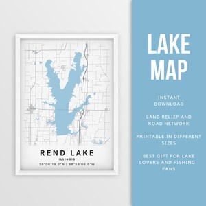 Mapa imprimible de Rend Lake, Illinois, EE. UU. - Descarga instantánea \ Mapa del lago \ Cartel del mapa \ Decoración de la casa del lago \ LakeLife \ Pesca \ Paseos en bote