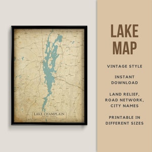 Vintage Stil Karte von Lake Champlain, New York - Vermont, USA mit Städtenamen - zum sofortigen Herunterladen / Download