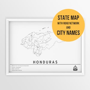 Carte imprimable du Honduras avec les noms des villes et des routes - téléchargement immédiat \ carte du pays \ art de la carte \ carte à épingles \ planificateur de voyage \ carte affiche