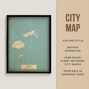 Mapa de Fiji, Oceanía, EE. UU., estilo vintage para imprimir - Descarga instantánea \ Mapa callejero \ Póster de mapa \ Estilo antiguo \ Impresión de mapa \ Vacaciones en Fiji