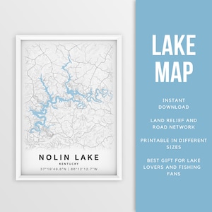 Mapa imprimible del lago Nolin, Kentucky, EE. UU. - Descarga instantánea \ Mapa del lago \ Cartel del mapa \ Decoración de la casa del lago \ LakeLife \ Pesca \ Paseos en bote