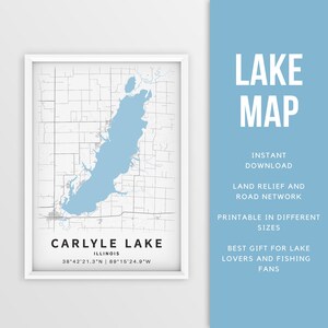 Mapa imprimible de Carlyle Lake, Illinois, EE. UU. - Descarga instantánea \ Mapa del lago \ Cartel del mapa \ Decoración de la casa del lago \ LakeLife \ Pesca \ Paseos en bote