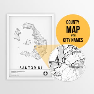Druckbare Karte von Santorini, Griechenland Städtenamen und Straßen - zum sofortigen Download, Landkarte, Map Art, PushPin-Karte, Santorini Geschenk, Griechenland Art