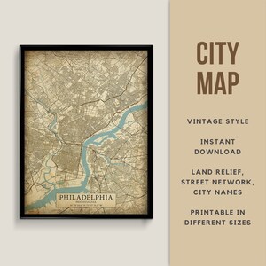Mapa de estilo vintage imprimible de Filadelfia, Pensilvania, EE. UU. - Descarga instantánea \ Mapa de calles \ Arte de la pared \ Cartel del mapa \ Antiguo \ Impresión de mapas