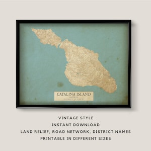 Vintage Style Landkarte von Santa Catalina Island, Kalifornien mit Städtenamen - Sofortiger Download ""Insel Karte"" "" Catalina Poster"