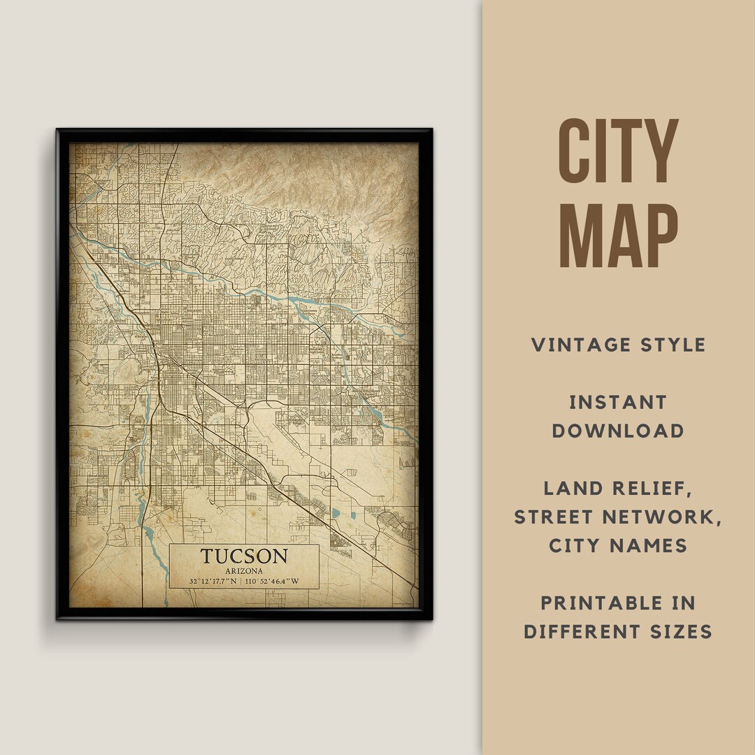 Printable Vintage Style Map of Tucson, Arizona, USA - Instant Download ...