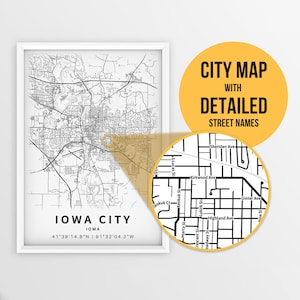 Printable Map of Iowa City, Iowa, USA with Street Names - Instant Download \ City Map \ Travel Gift \ City Poster \ Road Map Print