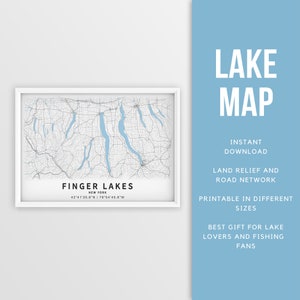 Mapa imprimible de Finger Lakes, Nueva York, EE. UU. - Descarga instantánea \ Mapa del lago \ Cartel del mapa \ Decoración de la casa del lago \ LakeLife \ Pesca \ Paseos en bote