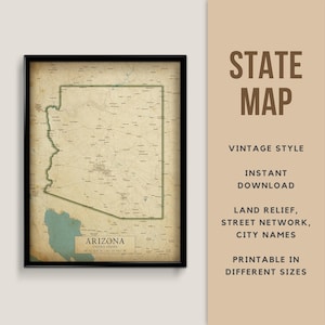 Arizona Vintage-Stil Karte Poster - sofortiger Download, Straßenkarte, Arizona Poster, Arizona antiken Stil Karte, Phoenix, Tucson, Sedona
