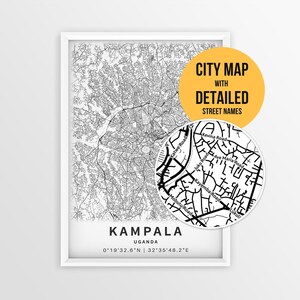 Kampala Uganda Karte mit Straßennamen, Kampala City Poster zum Ausdrucken (Instant Download)