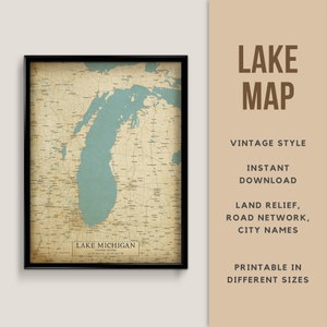 Mappa in stile vintage del Lago Michigan, Stati Uniti con nomi di città - Download istantaneo \ Mappa del lago \ Arte della parete \ Poster stampabile \ Arte rustica