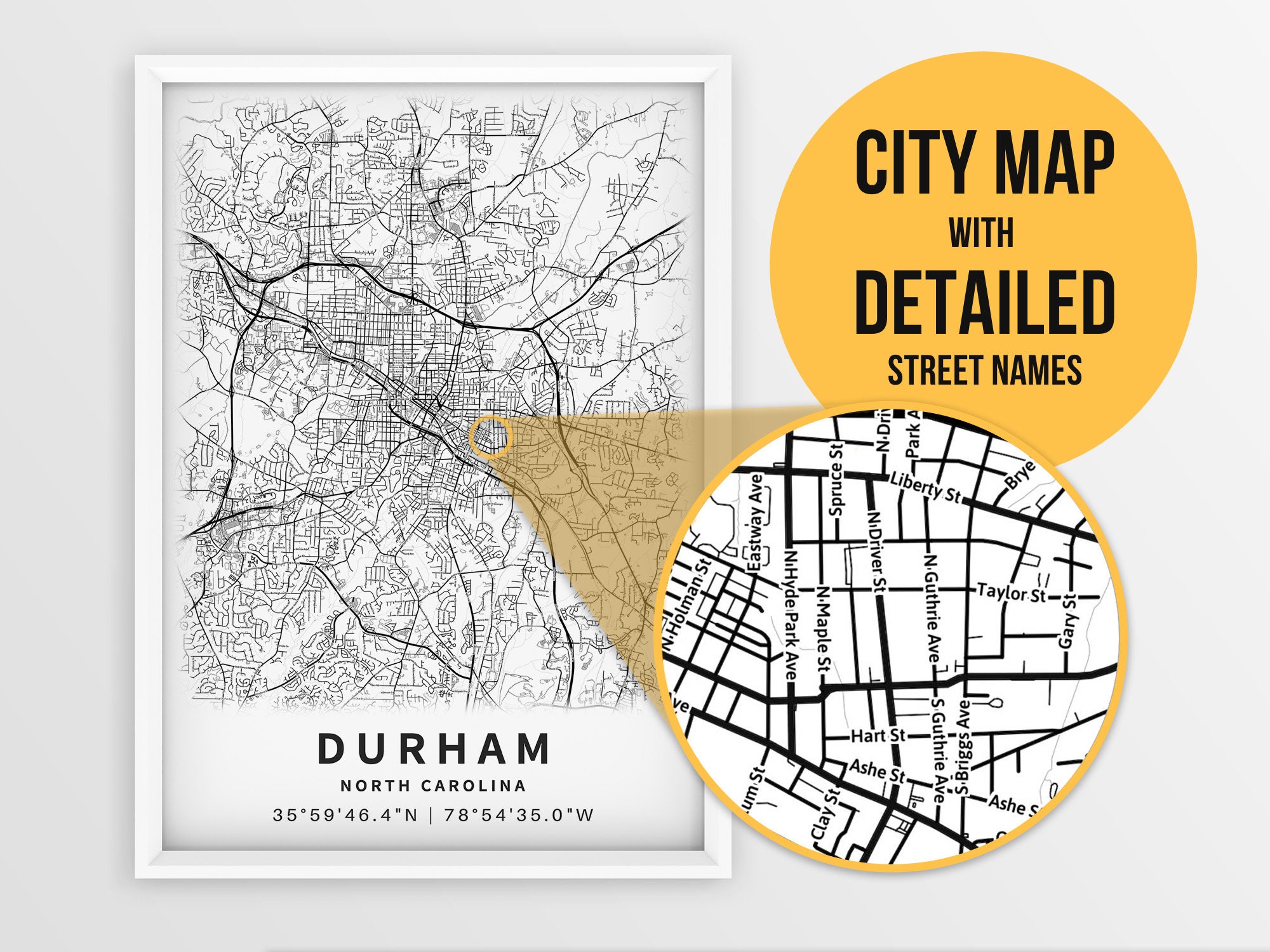 Printable Map of Durham NC North Carolina United States With - Etsy