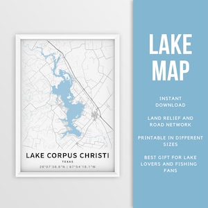 Mapa imprimible del lago Corpus Christi, Texas, EE. UU. - Descarga instantánea \ Mapa del lago \ Cartel del mapa \ Decoración de la casa del lago \ LakeLife \ Pesca \ Paseos en bote