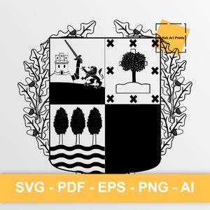 May include: Black and white heraldic crest design featuring a quartered shield with a castle, lion, tree, and trees over wavy lines. The crest is surrounded by oak leaves and acorns. Text at the bottom reads "SVG - PDF - EPS - PNG - AI".