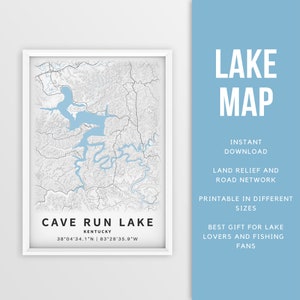 Mapa imprimible de Cave Run Lake, Kentucky, EE. UU. - Descarga instantánea \ Mapa del lago \ Cartel del mapa \ Decoración de la casa del lago \ LakeLife \ Pesca \ Paseos en bote