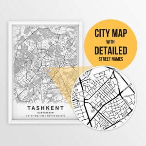 Druckbare Karte von Taschkent, Usbekistan mit Straßennamen - Sofortiger Download ~ Karte ~ ~ Karte ~ ~ Strassenkarte ~ Karte