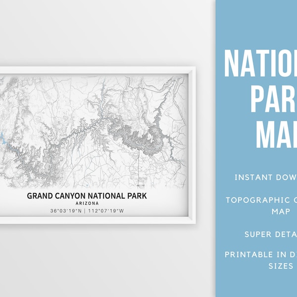 Printable Map Grand Canyon National Park, Arizona Topography Poster - Instant Download \ Contour Map \ Map Poster