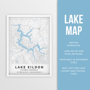 Mapa imprimible del lago Eildon, Victoria, Australia - Descarga instantánea \ Mapa del lago \ Cartel del mapa \ Decoración de la casa del lago \ LakeLife \ Pesca \ Navegación