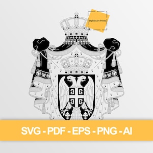 Könnte beinhalten: Eine schwarz-weiße digitale Illustration eines Wappens mit einem doppelköpfigen Adler auf einem Schild, gekrönt von zwei Kronen und drapiert in einem Mantel mit Quasten. Der Text Stylish Art Prints erscheint in einem kleinen orangefarbenen Kasten.