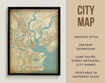 Printable Vintage Style Map of Charleston, South Carolina, USA - Instant Download \ Street Map \ Map Poster \ Antique Style \ Map Print