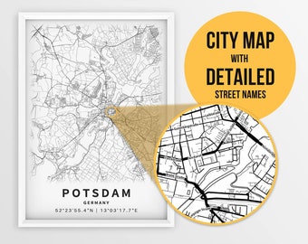 Afdrukbare kaart van Potsdam, Brandenburg, Duitsland met straatnamen - Instant Download \ Stadsplattegrond \ Reiscadeau \ Stadsposter \ Routekaart afdrukken