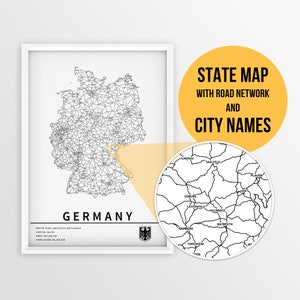 Deutschland Karte mit Städtenamen und Straßen zum Ausdrucken - zum sofortigen Download auf Bestellung