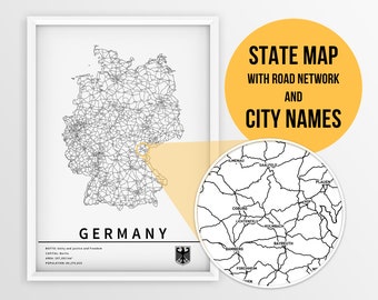 Printable Map of Germany with city names and roads - Instant Download \ Country Map \ Map Art \ Push Pin Map \ Travel Planner \ Germany Gift