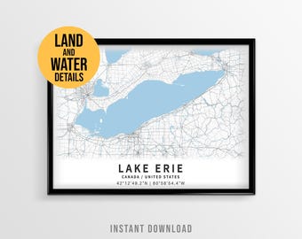 Póster del mapa del lago Erie, decoración imprimible para casa de lago de los Grandes Lagos (descarga digital)