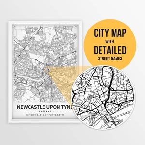 Mapa imprimible de Newcastle upon Tyne, Inglaterra, Reino Unido con nombres de calles - Descarga instantánea \ Mapa de la ciudad \ Regalo de viaje \ Póster de la ciudad \ Impresión de mapas